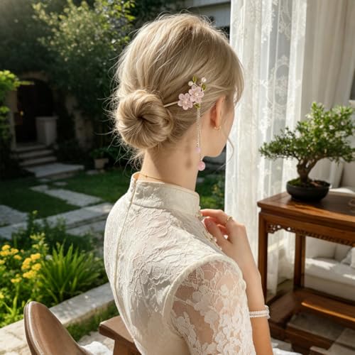 6 PCS Chinese Hair Sticks Set Pink Flower Tassel Hair Stick with Pearl Traditional Asian Metal Hair Chopsticks Long Hair Bun Updo Holders Accessories for Women Girls Hanfu Party Wedding