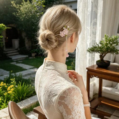 6 PCS Chinese Hair Sticks Set Pink Flower Tassel Hair Stick with Pearl Traditional Asian Metal Hair Chopsticks Long Hair Bun Updo Holders Accessories for Women Girls Hanfu Party Wedding
