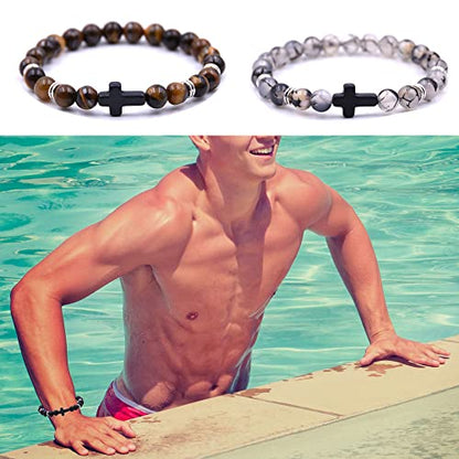 Beaded Bracelets Cross Bracelet for Women Men Lava Rock Turquoise Tiger Eye Natural Bracelet Anxiety Healing - color: 6 Pcs- black cross