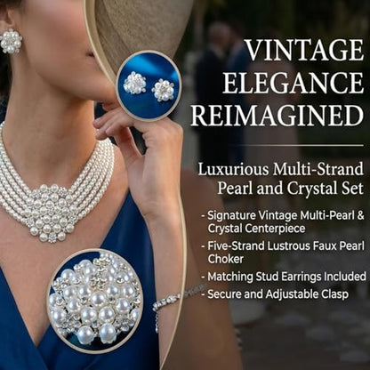 Classic Faux Pearl Jewelry Set for Women, 1950s Inspired Strand Necklace with Earrings, Elegant Gift for Mother's Day & Wedding - color: Clips Earring and Necklace