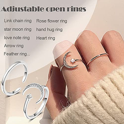 KOHOTA 12PCS Adjustable Knuckle Rings for Women 14K Gold Plated Silver Simple Stacking Rings Pack Open Knot Star Moon Butterfly Dainty Thumb Ring Set for Women - color: 1-Silver color