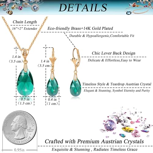 Austrian Crystals Teardrop Pendant Necklace Earrings for Women 14K Gold Plated Hypoallergenic Leverback Drop Dangle Earrings Jewelry Set - color: Emerald