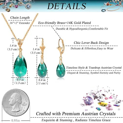 Austrian Crystals Teardrop Pendant Necklace Earrings for Women 14K Gold Plated Hypoallergenic Leverback Drop Dangle Earrings Jewelry Set - color: Emerald