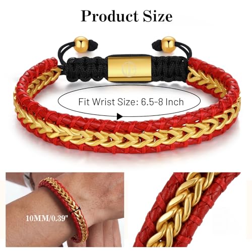 Braided Leather Bracelets for Men 18K Gold Plated Cuff Adjustable | Stainless Steel Franco Chain Link, Mens Bracelet Leather, Handwoven Jewelry Gift for Husband Dad Son