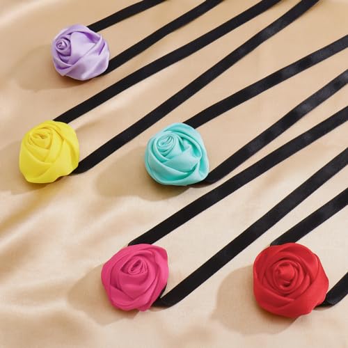 Firstmeet Floral Rose Necklace Handmade Flower Satin Ribbon Choker Necklace for Women - color: Rosered