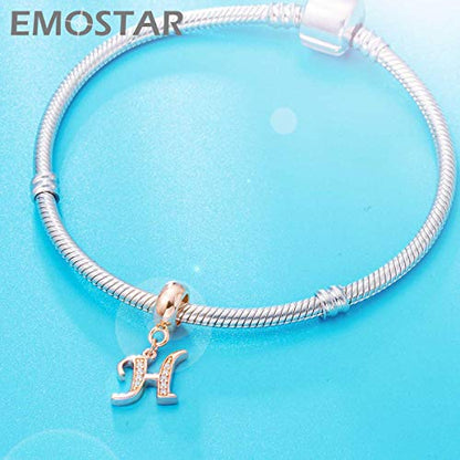 EMOSTAR Letter Charms Initial A-Z Alphabet Beads, Rose Gold 925 Sterling Silver Dangle CZ Birthstone Pendant, Gifts for European Charm Bracelet/Mothers Day/Birthday - color: Letter H
