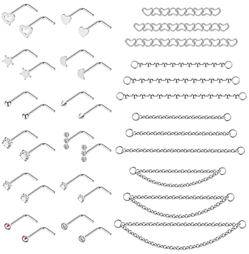 20G Stainlesss Steel Nose Rings Stud Nose Chain Piercing Across Double Nose Stud Womens Nostril Piercing Jewelry - color: L Shaped Silver