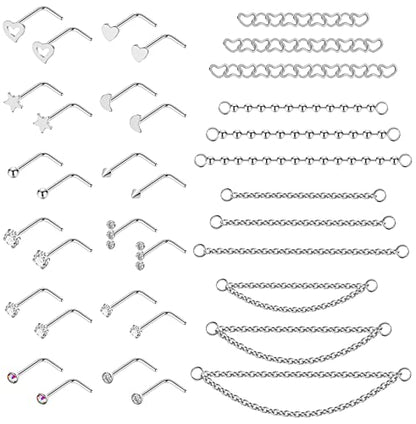 20G Stainlesss Steel Nose Rings Stud Nose Chain Piercing Across Double Nose Stud Womens Nostril Piercing Jewelry - color: L Shaped Silver
