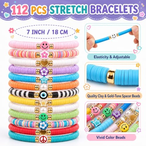 gisgfim 112 Pcs Beaded Friendship Bracelets Bulk Surfer Heishi Clay Stretch Y2K Bracelets Colorful Cute Boho Stackable BFF Bestie Inspirational Jewelry for Women Summer Beach Party Favors Style - style: Colorful
