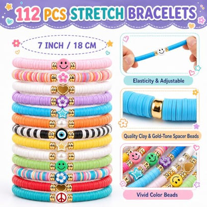 gisgfim 112 Pcs Beaded Friendship Bracelets Bulk Surfer Heishi Clay Stretch Y2K Bracelets Colorful Cute Boho Stackable BFF Bestie Inspirational Jewelry for Women Summer Beach Party Favors Style - style: Colorful