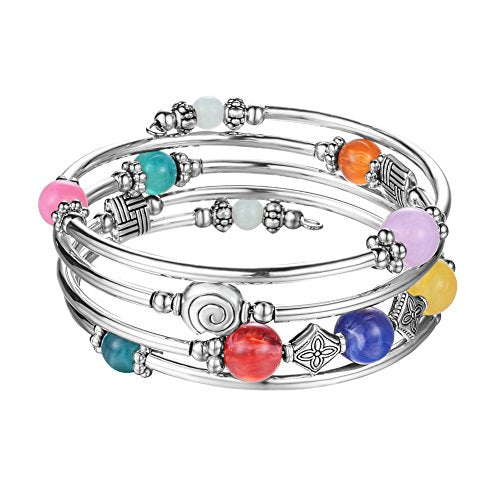 Beaded Pearl Bangle Wrap Bracelet - Fashion Bohemian Jewelry Multilayer Charm Bracelet with Thick Silver Metal Beads, Gift For Women - color: Colorful