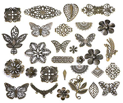 100g Antique Bronze Filigree Connectors Charms Pendants Findings Iron Metal Embellishments for DIY Hairpin Headwear Earring Jewelry Making, Nickel Free (Antique Bronze) - color: Antique Bronze