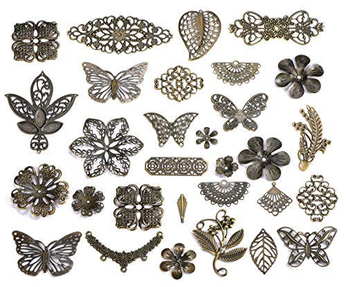 100g Antique Bronze Filigree Connectors Charms Pendants Findings Iron Metal Embellishments for DIY Hairpin Headwear Earring Jewelry Making, Nickel Free (Antique Bronze) - color: Antique Bronze