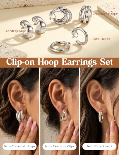 Giovanchi 3Pairs Clip on Earrings for Women with Non-Pierced Ears - Trendy Hypoallergenic 14K Gold Plated Chunky Tube Croissant Waterdrop Clip on Hoop Earrings - style: B-Silver