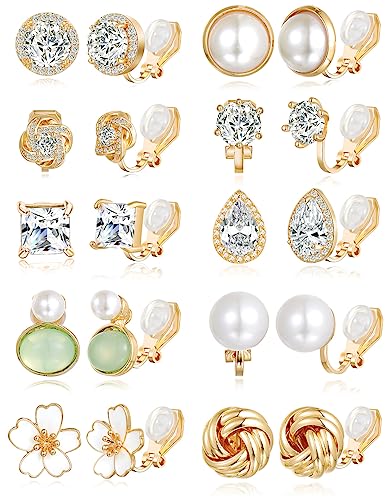 Tornito 10-15 Pairs Clip on Stud Earrings Non Pierced Teardrop Round Square CZ Pearl Twist Knot Flower Butterfly Heart Star Rainbow Cat Opal Clip on Earrings for Women - color: B: Gold Tone