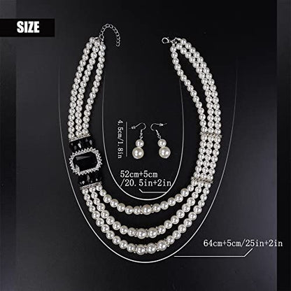 Aimimier 1920s 3-layered White Faux Pearl Necklace and Earrings Set with Crystal and Rhinestone Bridal Long Pearl Necklace Statement Women Jewelry - color: Black