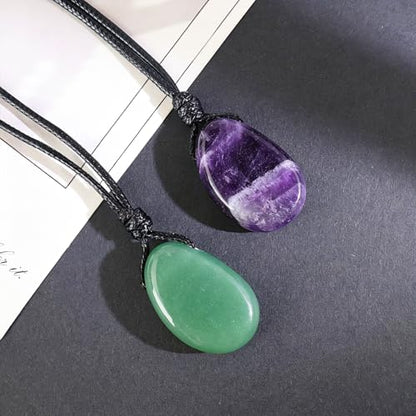 Natural Gemstone Pendant Necklace Healing Crystal Stone Choker Necklace Adjustable Waxed Black Rope for Men - color: 2pcs(Amethyst+Green Aventurine)