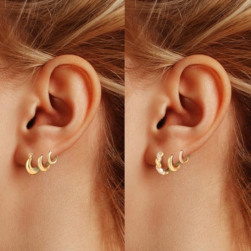 Wgoud Small Gold Hoop Earrings Set for Women, 6 Pairs 14K Gold Plated Hypoallergenic Lightweight Huggie Hoops Earrings, Trendy Cartilage Cubic Zirconia Earrings for Women Gifts. - color: G-Gold hoops