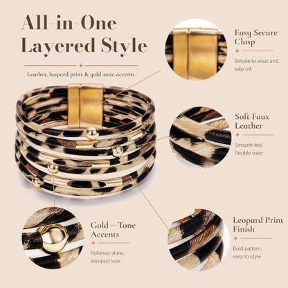 Fesciory Leather Wrap Bracelet for Women, Boho Western Layered Cuff Jewelry | Stackable Bracelets, Easy-On Clasp, Daily Wear, Pairs with Boho Western Outfits, Gift for Women - color: Brown1