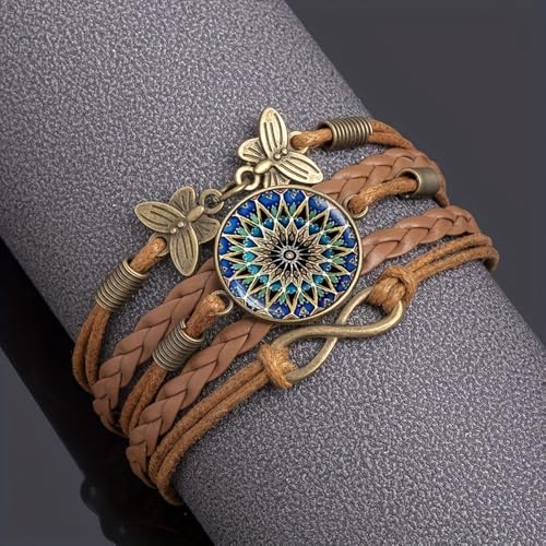 Mandala Floral Bracelet - Handmade Boho Braided Faux Leather Wrap Bracelet with Butterfly Charm - Vintage Adjustable Hippie Jewelry