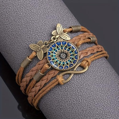 Mandala Floral Bracelet - Handmade Boho Braided Faux Leather Wrap Bracelet with Butterfly Charm - Vintage Adjustable Hippie Jewelry