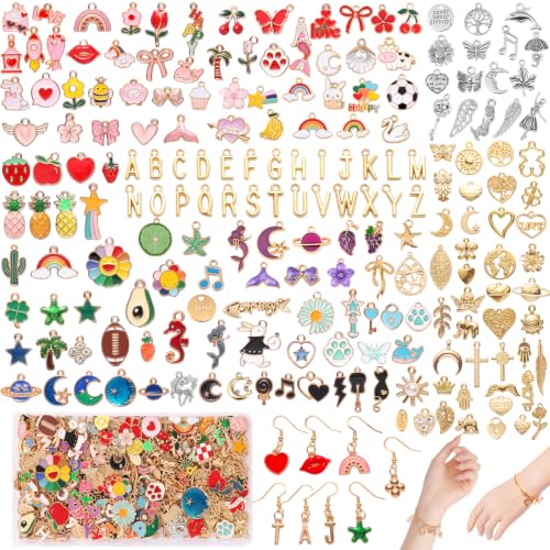 Riwiuue 394 Pcs Charms for Jewelry Making | Includes 194 Pcs Enamel & Gold Charms plus 200 Jump Rings for Keychains, Bracelets, Necklaces, DIY Crafts - color: Mixed Patterns Charms-200pcs
