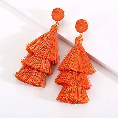 Bohemian Tiered Tassel Earrings with Druzy Stud for Women | Long Layered Fringe Drop Earrings, Statement Jewelry for Party Beach Festival - color: Orange
