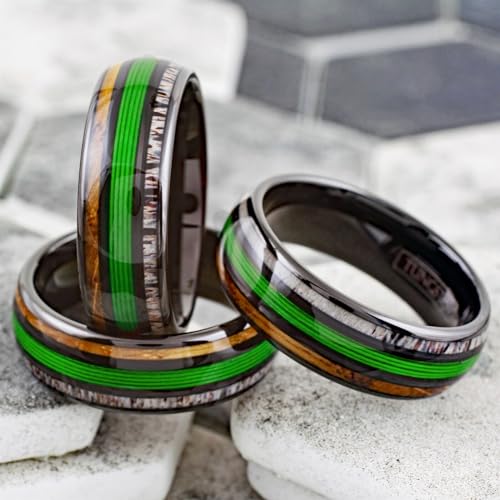 Ravishing 8mm Polished Black Tungsten Carbide Low Dome Band Ring with Green Fishing Line Between Whiskey Barrel Oak Wood and Deer Antler Inlays.