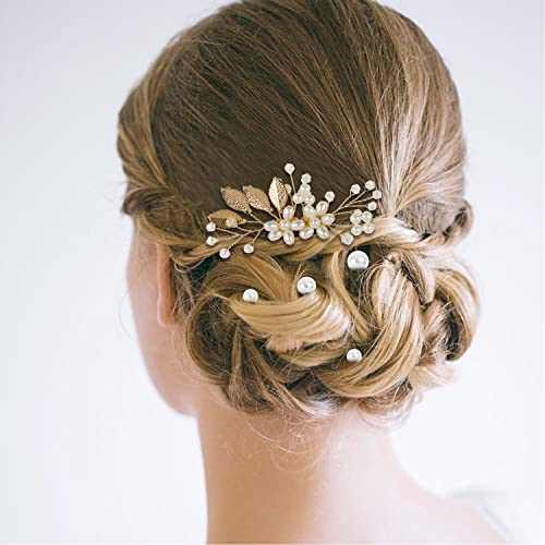 Cinaci 25 Pack Sparkly Glitter Gold Rhinestone Pearl Leaf Flower Metal Wedding Bride Bridal Metal Hair Side Combs+U-shaped Hair Pins Clips Barrettes Slide Combs Headpieces Wedding Accessories for Women Girls