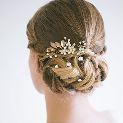 Cinaci 25 Pack Sparkly Glitter Gold Rhinestone Pearl Leaf Flower Metal Wedding Bride Bridal Metal Hair Side Combs+U-shaped Hair Pins Clips Barrettes Slide Combs Headpieces Wedding Accessories for Women Girls