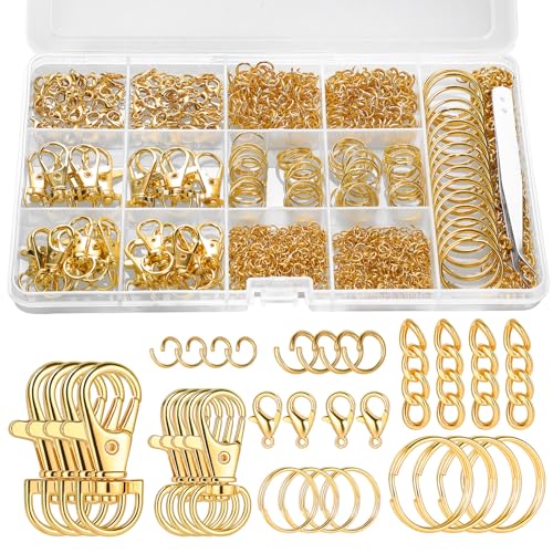 BESARME 1130PCS Keychain Making Kit Jump Rings for Jewelry DIY Key Chain Supplies with Keyrings Bulk, Metal Lobster Claw Clasp, Swivel Snap Hook, Extender Chain for Crafts Accessories（Gold） - color: Gold