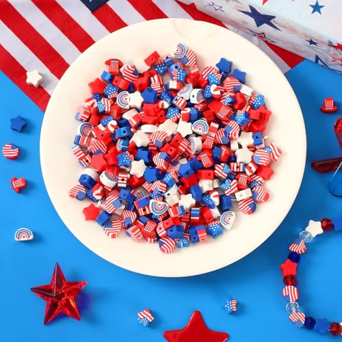 Patriotic Clay Beads,300Pcs Red White and Blue Beads for Bracelets | Polymer Clay, 4th of July Crafts, Making Independence Day Bracelets, 300Pcs Red White Blue Stars Hearts and Mixed Shapes - color: Red White Blue