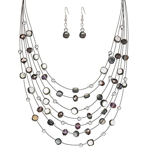 Multi-Layer Boho Shell Beaded Necklace for Women Colorful Crystal Strand with Silver Beads Statement Collars Necklace and Earrings Costumes Jewelry Sets for Women - color: Black