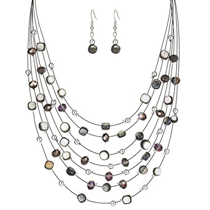 Multi-Layer Boho Shell Beaded Necklace for Women Colorful Crystal Strand with Silver Beads Statement Collars Necklace and Earrings Costumes Jewelry Sets for Women - color: Black