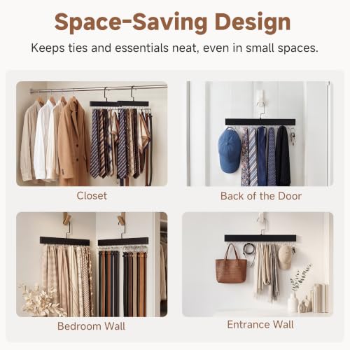 StorageWorks Tie Hanger with 20 Swivel Hooks, 2 Pack Wooden Hanger, Black | Sturdy Black Tie Wooden Hanger with 180° Swivel Hooks, Space Saver Rack for Ties, Belts, Scarves in Closet - color: Black