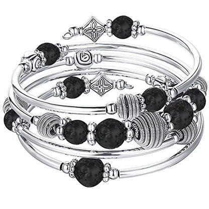 PEARL&CLUB Beaded Chakra Bangle Turquoise Bracelet - Fashion Jewelry Wrap Bracelet with Thick Silver Metal and Mala Beads, Birthday Gifts For Women - color: Lava stone