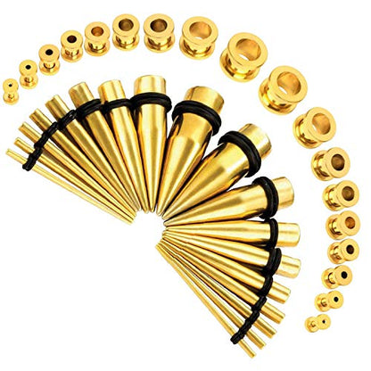 36pcs Ear Stretching Kit 14G-00G Surgical Steel Tapers Tunnels Gauges Set for Starter Women Men Expanders Body Piercing Jewelry… - color: Goldtone