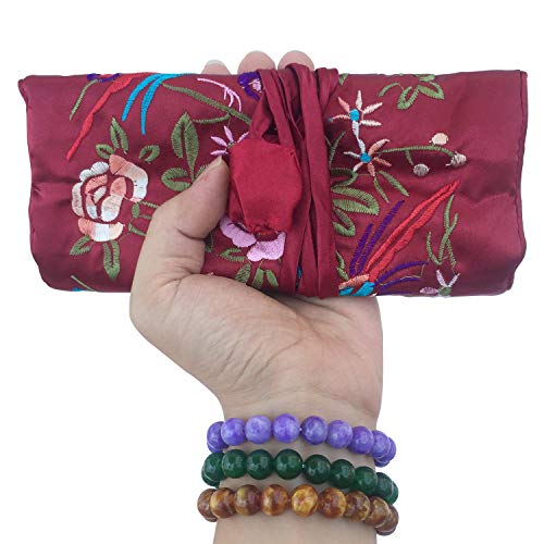 Travel Jewelry Roll Bag - Embroidered Brocade Pouch for Rings, Necklaces, Earrings, Bracelets | Lightweight & Tie Closure (Wine Red) - color: Wine Red