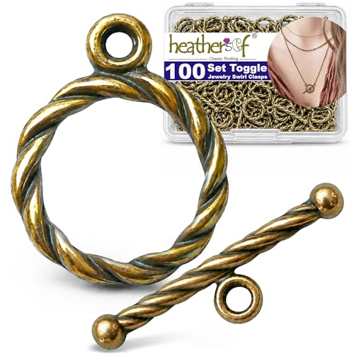 Heather's CF Toggle Jewelry Clasps – Durable Quality, Antique Twisted Brass Finish Toggle Clasps & Closures for Necklace, Bracelet & Charms – Ideal for DIY, & Jewelry Making – Small (Set of 100) - color: Twisted brass toggle clasp