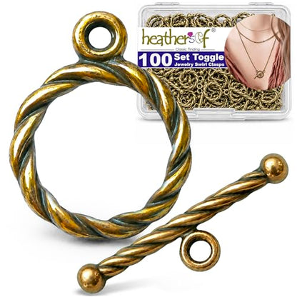 Heather's CF Toggle Jewelry Clasps – Durable Quality, Antique Twisted Brass Finish Toggle Clasps & Closures for Necklace, Bracelet & Charms – Ideal for DIY, & Jewelry Making – Small (Set of 100) - color: Twisted brass toggle clasp