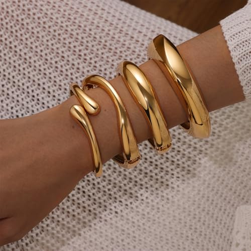4 Pcs Chunky Gold Jewelry Set for Women, 14K Gold Plated Cuff Choker Collar Necklace, Teardrop Drop Earrings, Teardrop Wrap Ring, Hinged Cuff Bangle Bracelets, Statement Fashion Jewelry - color: 4 Pcs Gold Bracelet Set A