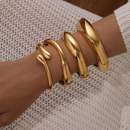 4 Pcs Chunky Gold Jewelry Set for Women, 14K Gold Plated Cuff Choker Collar Necklace, Teardrop Drop Earrings, Teardrop Wrap Ring, Hinged Cuff Bangle Bracelets, Statement Fashion Jewelry - color: 4 Pcs Gold Bracelet Set A