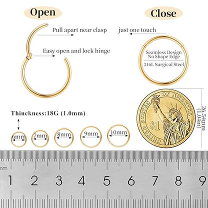 10Pcs 18G 20G Surgical Steel Nose Rings Hoops for Women Men Hinged Seamless Clicker Nose Hoops Cartilage Helix Tragus Daith Sleeper Earrings Hoop Hypoallergenic Nose Piercing 6/7/8/9/10MM - color: gold, size: 18G