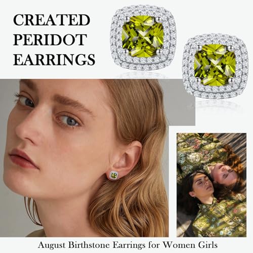 Dainty Birthstone Earrings for Women Sterling Silver Small Stud Earrings with Halo Cushion/Round Created Gemstone Earrings Birthstone Jewelry - style: A 08. Aug./created peridot-cushion cut