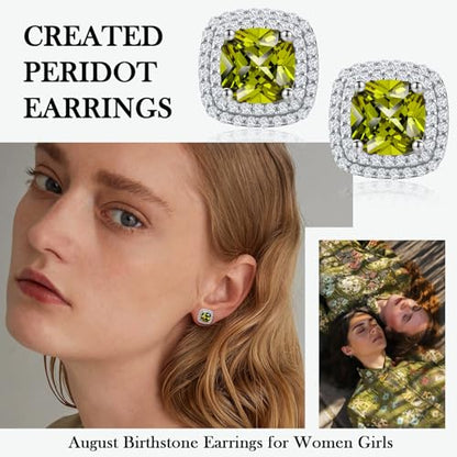 Dainty Birthstone Earrings for Women Sterling Silver Small Stud Earrings with Halo Cushion/Round Created Gemstone Earrings Birthstone Jewelry - style: A 08. Aug./created peridot-cushion cut