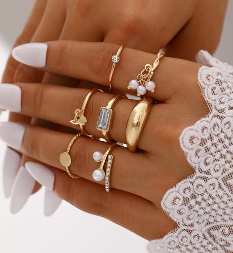 iF YOU 25 Pcs Gold Stackable Ring Set for Women, Chunky Knuckle Finger Midi Rings, Silver Simple Stacking Cute Rings Pack Trendy Stuff Jewelry Gift - style: 24 Gold pearl heart rings