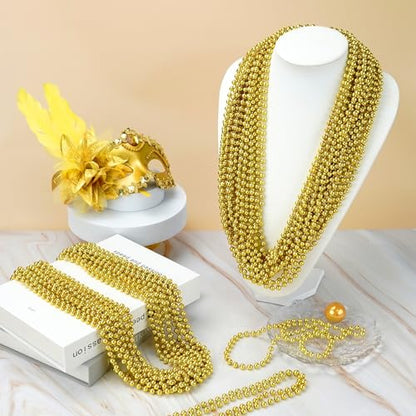 SHAOQINLIN 30 PCS Gold Bead Necklace, Gold Mardi Gras Christmas Beads Necklaces 33" Metallic Beaded Costume Necklaces Party Necklaces for Mardi Gras Parade Throws Wedding Birthday Pirate Party Favors - color: Gold