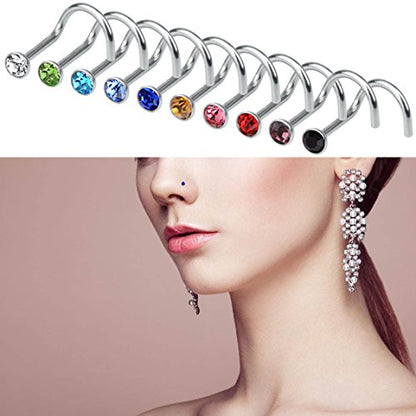 Rbenxia 20G 316L Nose Studs Rings 2.2MM Rhinestone Stainless Steel Nose Body Piercing Rings 20 Pcs Random Color for Unisex