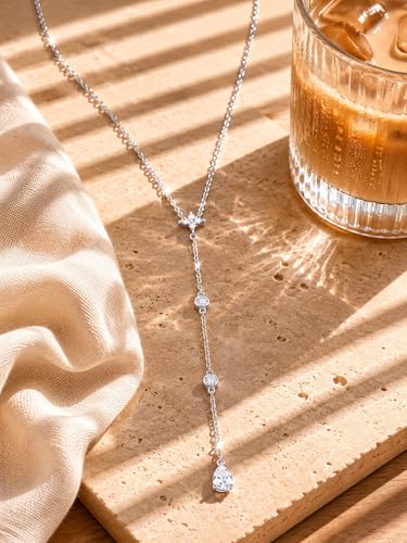 14K Gold Plated Layered Lariat Necklace for Women - Waterproof Non-Tarnish Dainty Gold Chain Necklace, Long Boho Statement Jewelry for Wedding, Prom, Summer Vacation Gifts - color: Four CZ Y Necklace-Silver