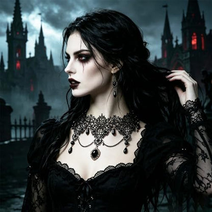 coadipress Gothic Lace Choker Necklace for Women Crystal Royal Court Vampire Choker Gothic Necklace Retro Handmade Halloween Gifts
